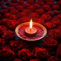 Rangoli elegance red rose floral design with a lit diya Royalty Free Stock Photo