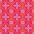 rani colour bandhani pattern with yellow and white dots