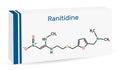 Ranitidine molecule. It is used for treatment of peptic ulcer disease. Skeletal chemical formula. Paper packaging for drugs