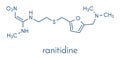 Ranitidine peptic ulcer disease drug molecule. Blocks stomach acid production. Skeletal formula.