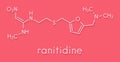 Ranitidine peptic ulcer disease drug molecule. Blocks stomach acid production. Skeletal formula.
