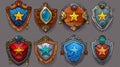 Rank badges for games with shields with stars. Level achievement icons isolated on a background with wooden, metal Royalty Free Stock Photo