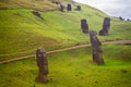 Rano Raraku volcano, the quarry of the moai with many uncompleted statues. Rapa Nui National Park, Easter Island, Chile. UNESCO W Royalty Free Stock Photo