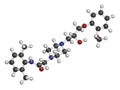 Ranolazine antianginal drug molecule. Used in treatment of chronic angina pectoris. Atoms are represented as spheres with