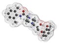 Ranolazine antianginal drug molecule. Used in treatment of chronic angina pectoris. Atoms are represented as spheres with