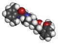 Ranolazine antianginal drug molecule. Used in treatment of chronic angina pectoris. Atoms are represented as spheres with