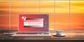 Ransomware attack on a laptop screen. Blurred sunset background. 3d illustration Royalty Free Stock Photo