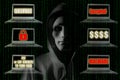 Ransomware Concept : Hacker with notebook computer showing sign