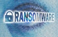 Ransomware eye with matrix looks at viewer concept