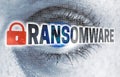 Ransomware eye with matrix looks at viewer concept