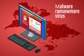 Ransomware, malicious software that blocks access to the victims data. Hacker attacks network. Isometric vector