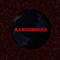 Ransomware text with earth by night and red hex code illustration Royalty Free Stock Photo