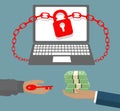 Ransomware virus locked business computer with Hand holding banknotes and key to padlock