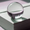 Ransparent glass sphere with subtle reflections rests on a stack of evenly Royalty Free Stock Photo
