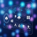 Ransparent screen has geometric network designs with glowing nodes Royalty Free Stock Photo
