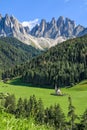 Ranui Church St Johnann with the Dolomites mountains Geisler Group Royalty Free Stock Photo