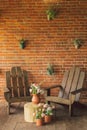 Ranunculus flowers in clay pots on the terrace. Two wooden chairs on the terrace with a beautiful brick wall. Royalty Free Stock Photo