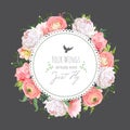 Ranunculus, peony, rose, carnation, green plants round vector design frame Royalty Free Stock Photo