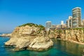 Raouche or pigeons rocks with sea and downtown buildings in the background, Beirut, Lebanon Royalty Free Stock Photo