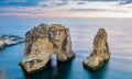 Raouche or pigeons rocks sea panorama in sunset time, Beirut, Lebanon Royalty Free Stock Photo