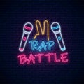 Rap battle neon sign with two microphones and yo gesture. Emblem of hip-hop music. Rap contest advertisement design