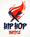 Rap Battle vector logo or emblem with two microphones crossed and fire, Hip Hop hot rhymes music mic in a flames, concert festival