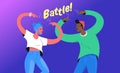 Rap or dance battle concept vector illustration of two young teenagers standing together and gesturing hands up