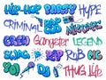 Rap graffiti. Hip-hop legend, RnB party and gangster crew street art calligraphy tags with grunge paint texture vector Royalty Free Stock Photo