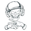 Rap music logo. Rapper skull on white background. Lettering with a microphone.