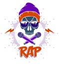 Rap music vector logo or emblem with aggressive skull and two microphones crossed like bones, Hip Hop rhymes festival concert or