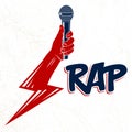 Rap music vector logo or emblem with microphone in hand in a shape of lightning bolt, Hip Hop rhymes festival concert or night