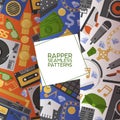 Rap music vector seamless pattern dj playing disco on turntable sound record illustration backdrop set of rap cap