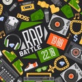 Rap music vector seamless pattern dj playing disco on turntable sound record illustration backdrop of rap cap discjockey