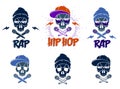 Rap music vector set logos or emblems with aggressive skull and two microphones crossed like bones, Hip Hop rhymes festival