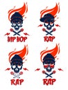 Rap music vector set logos or emblems with aggressive skull and two microphones crossed like bones, Hip Hop rhymes festival