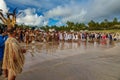 Rapa Nui historic boat arrives to Anakena beach, the reception