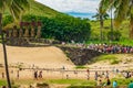 Rapa Nui historic boat arrives to Anakena beach, the crowd reception in Ahu Nau Nau