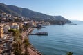 Aerial view of Rapallo in Italy. Gulf and harbor with boats. Sunny day Royalty Free Stock Photo