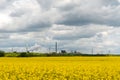 field against industrial backdrop