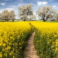 Rapeseed canola colza field pathhway alley cherry trees