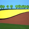 Rapeseed field yellow meadow and blue sky trees landscape - oil painting minimalism abstract