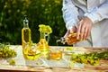 Rapeseed oil bottle in hand of an agronomist or biologist on background rape field Royalty Free Stock Photo