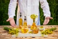 Rapeseed oil bottle in hand of an agronomist or biologist on background rape field Royalty Free Stock Photo