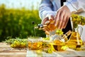 Rapeseed oil bottle in hand of an agronomist or biologist on background rape field Royalty Free Stock Photo