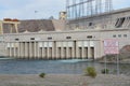 Rapid Changes in Water Level and Do Not Enter the Water sign overlooking the spillway of the Davis Dam in Laughlin, Clark County, Royalty Free Stock Photo