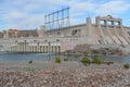 Rapid Changes in Water Level and Do Not Enter the Water sign overlooking the spillway of the Davis Dam in Laughlin, Clark County, Royalty Free Stock Photo