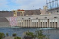 Rapid Changes in Water Level and Do Not Enter the Water sign overlooking the spillway of the Davis Dam in Laughlin, Clark County, Royalty Free Stock Photo