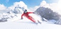 Rapid descent at high speed. Skier skiing on a sunny day in high mountains. Downhill. Ski skiing in mountains. Skiing Royalty Free Stock Photo