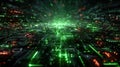 rapid flow of data across a complex circuit board or microchip. Glowing green and orange lines create a tunnel effect, ideal for Royalty Free Stock Photo