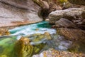 The rapid flow of emerald green mountain river in the stone canyon autumn morning. Royalty Free Stock Photo